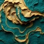 Overhead bird's-eye view of layered papier-mâché, rich deep teal, swirling textures and lines, mystic enchanting environment, gentle color contrasts, dreamlike ethereal quality, sculpted layers